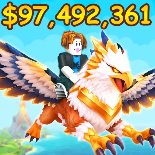 Ride A Pet game icon on Roblox: a player riding a golden winged griffin-like pet over the sea, with a cash total printed above